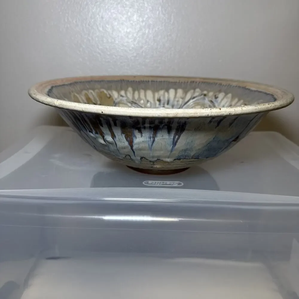 Julie Perry Signed Pottery Large Clay Bowl Tan Blue Glaze Celebrate the Wonder